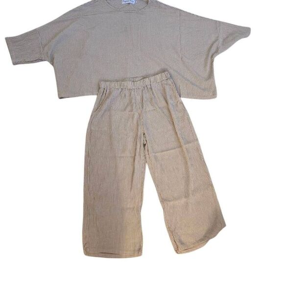 Organic Rags Womens Two Piece Set Tan and White Check Casual Top and Capri Mediu - Picture 11 of 11